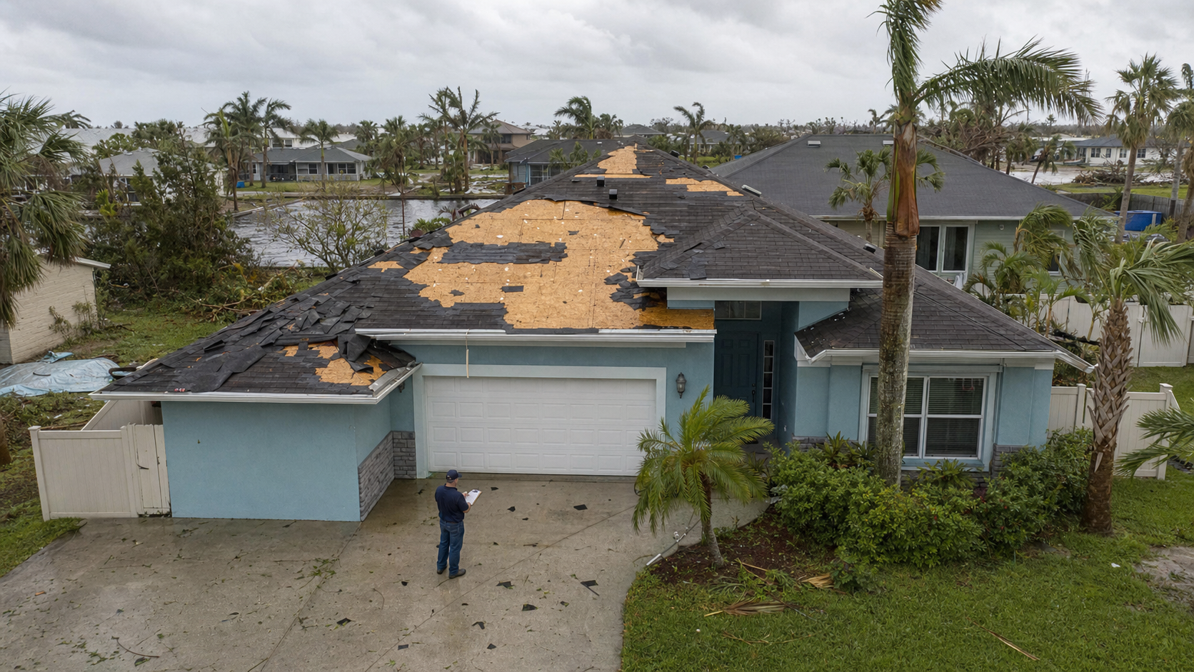 Storm damaged roof in Florida after hurricane