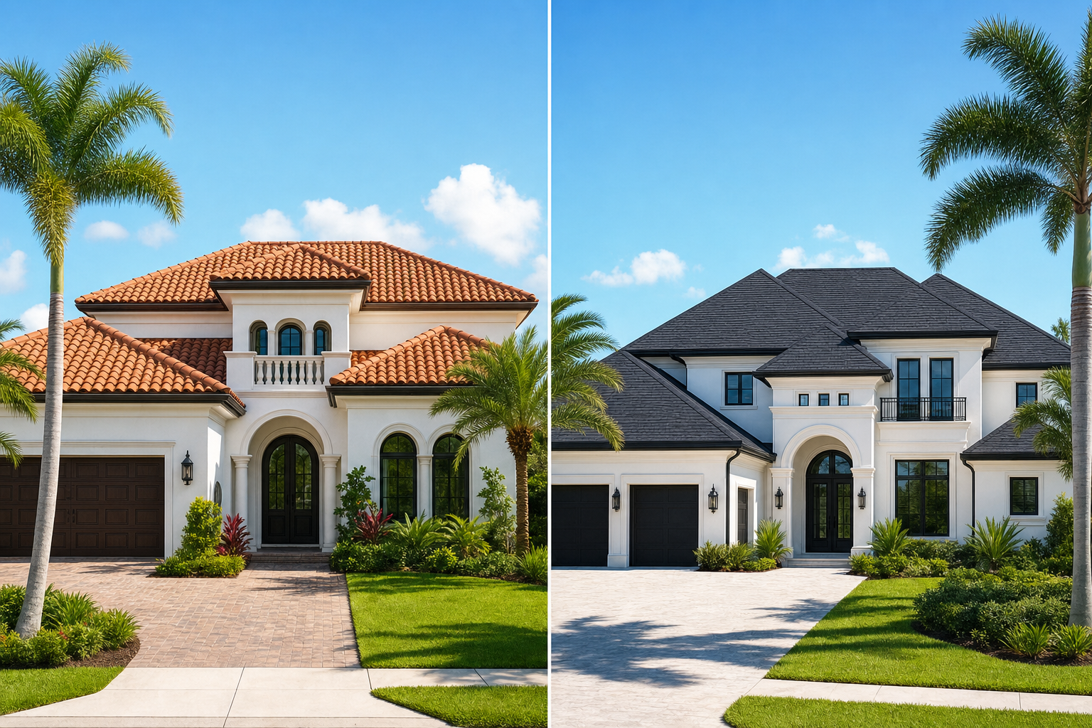 Side by side tile and shingle roofs on Central Florida homes