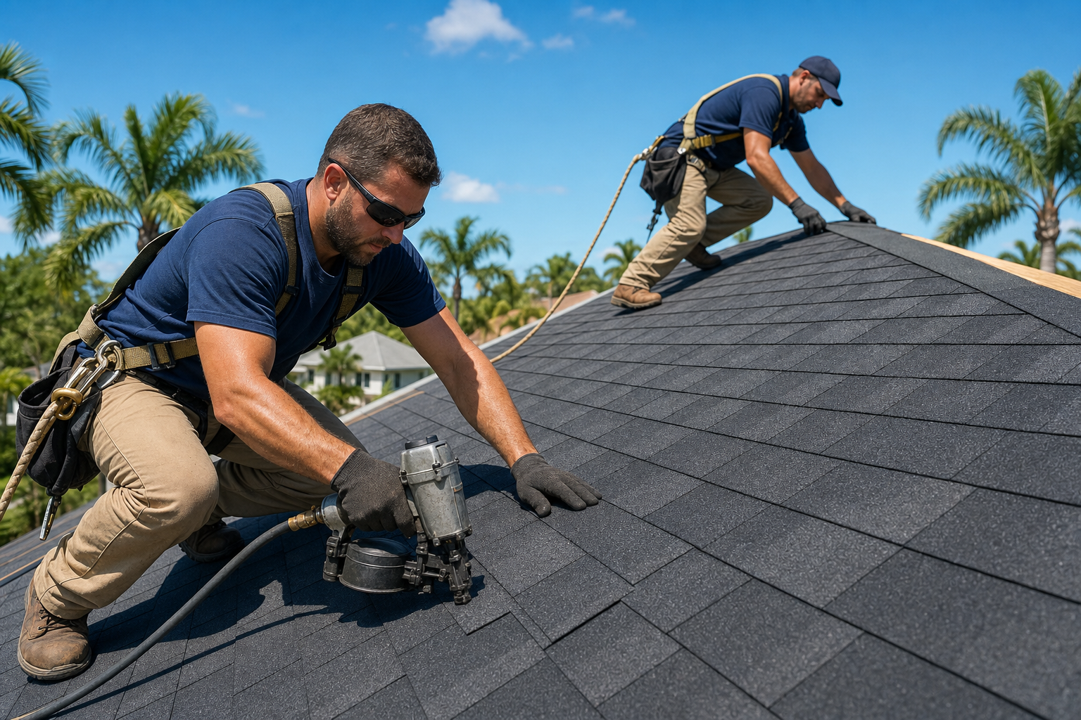 Roofing crew installing GAF shingles on Florida home