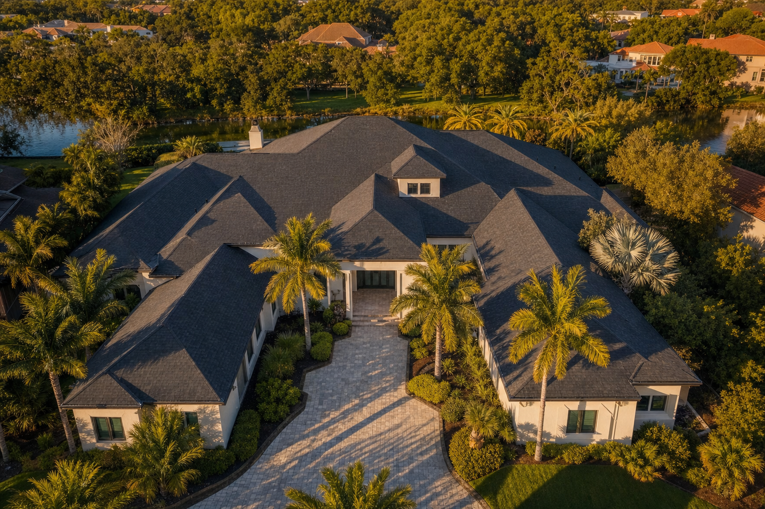 Luxury Florida home with charcoal shingle roof at golden hour