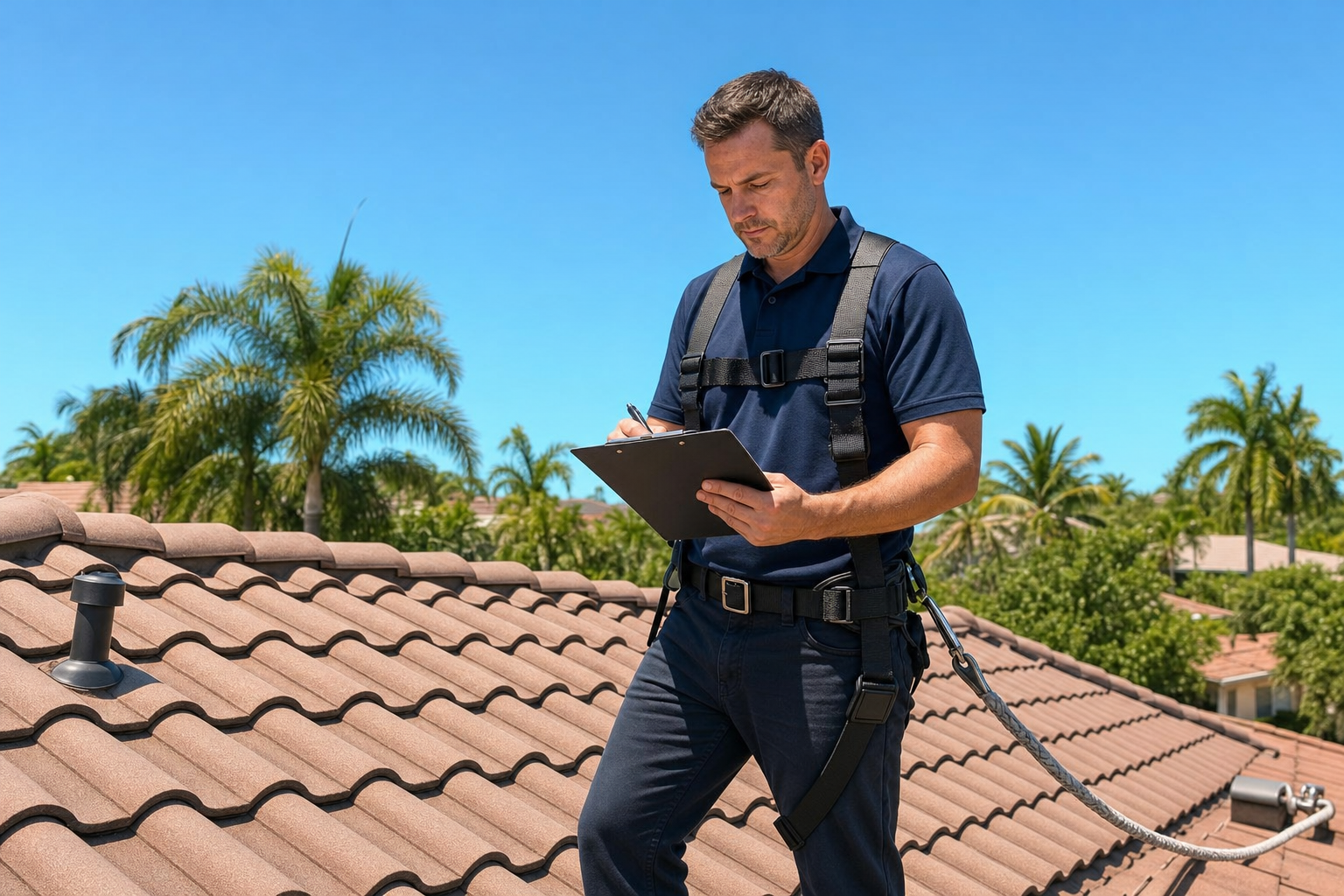 Roofing inspector on roof with safety harness