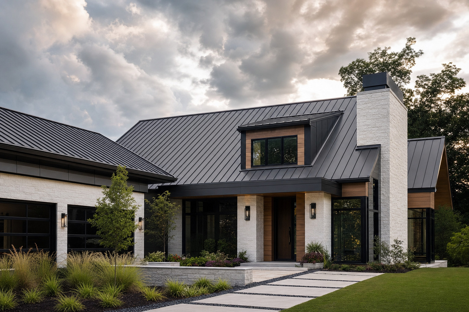 Modern home with dark charcoal standing seam metal roof