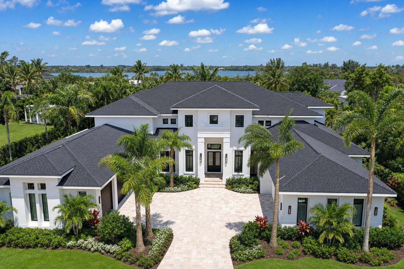 Completed shingle roof, luxury Florida home, charcoal shingles