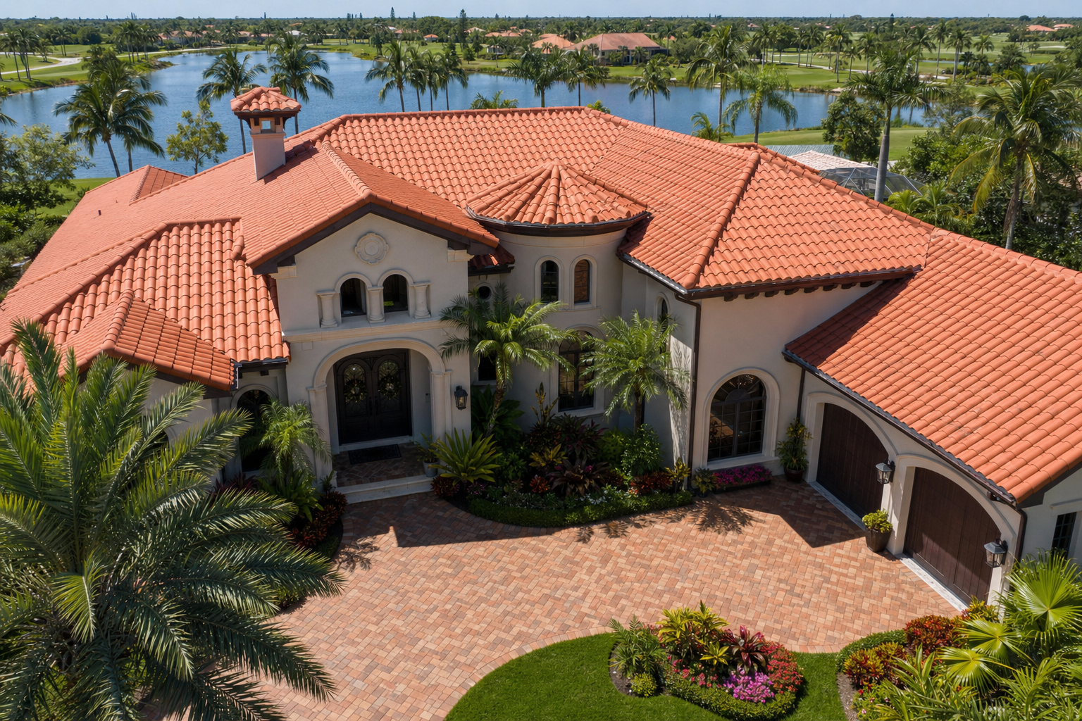 Completed clay tile roof, Mediterranean estate, terracotta tiles