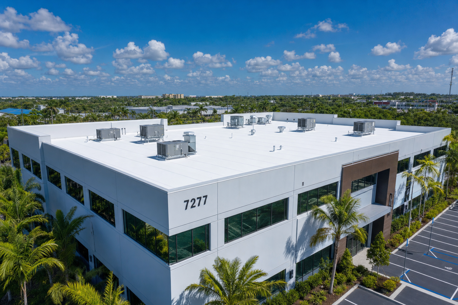 Completed TPO flat roof, commercial office building, aerial