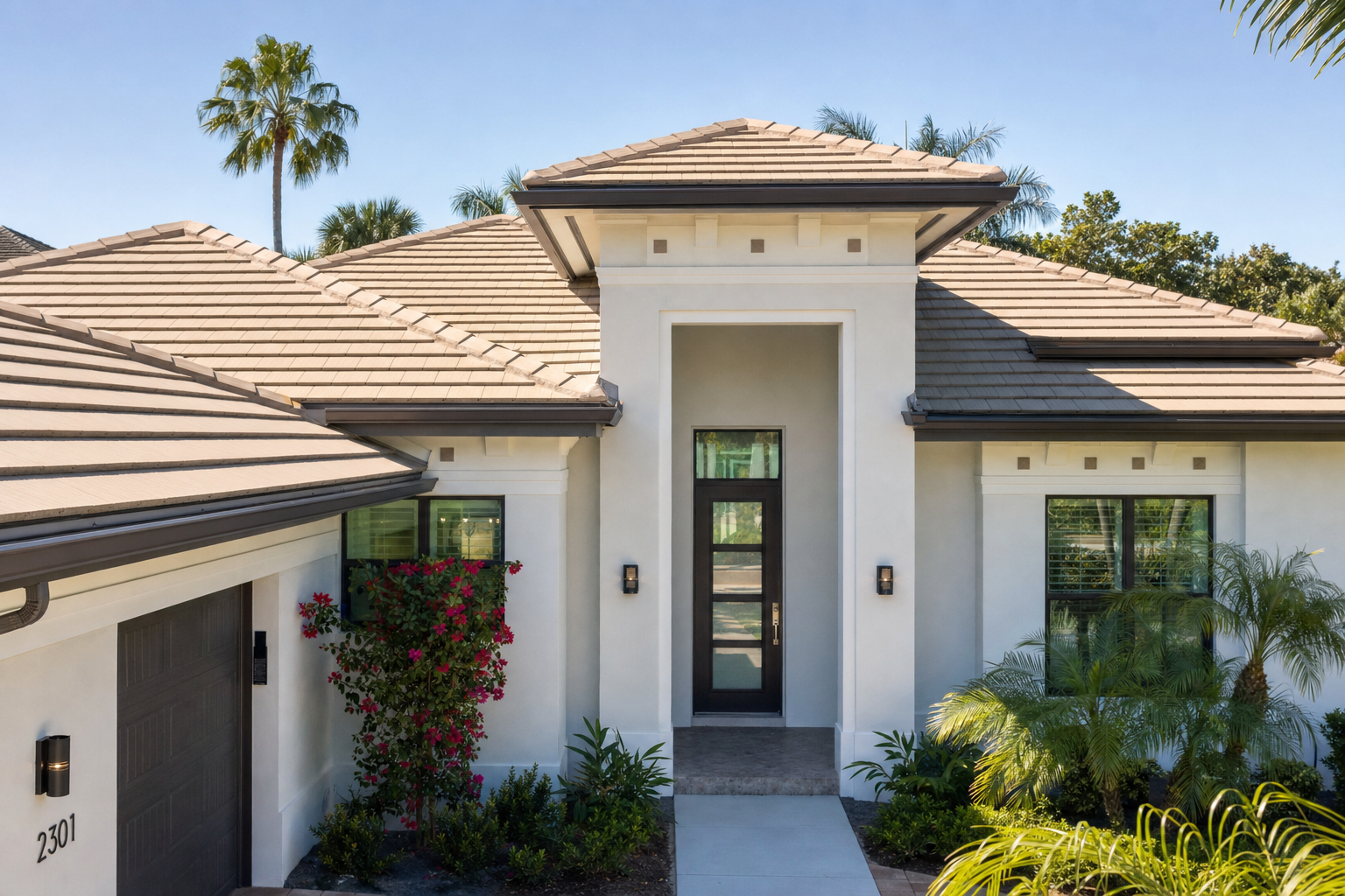 Modern Florida home with flat concrete tile roof