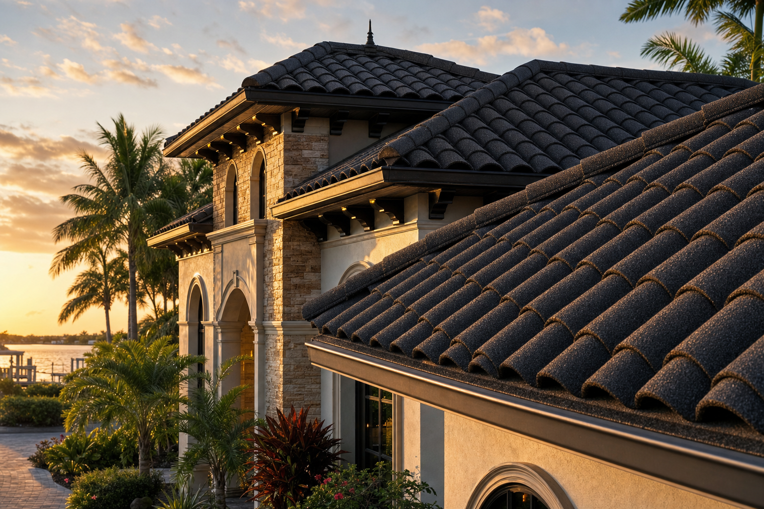 Premium Florida home with Worthouse stone-coated steel roof at sunset